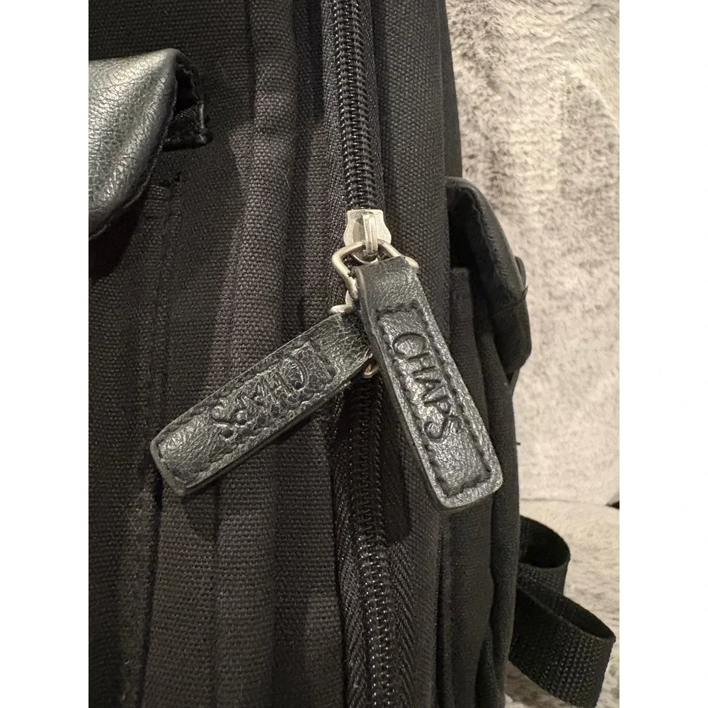 Chaps Black Canvas‎ Backpack Multi Pocket Faux Leather Trim Travel School Bag